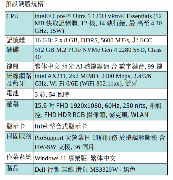 DELL Precision 3590 行動工作站 (Intel Core Ultra 5 125U/16GB/M.2 512GB SSD/15.6&quot; FHD/Win 11 Pro)