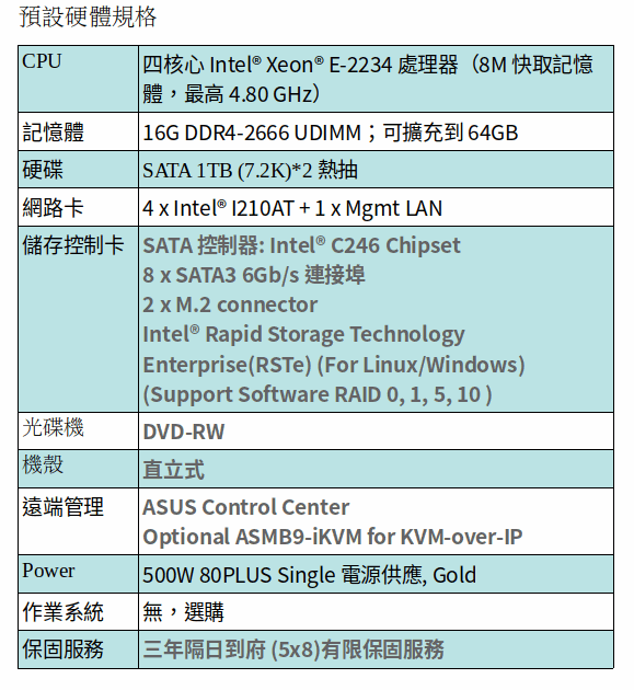 ASUS TS300-E10-PS4 伺服器 (XEON E-2234/16GB RAM/1TB HD*2) ASUS TS300-E10-PS4 伺服器 (XEON E-2234/16GB RAM/1TB HD*2)