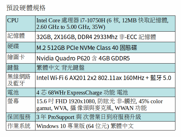 DELL Precision 3551 行動工作站 (I7-10750H/32GB/512MB SSD/P620/15.6吋 FHD/Win10 Pro) DELL Precision 3551 行動工作站 (I7-10750H/32GB/512MB SSD/P620/15.6吋 FHD/Win10 Pro)