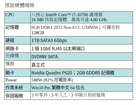 Lenovo P340 ThinkStation 工作站 /I7-10700/8G/1T/P620/DRW/WIN10P/500W/3Y