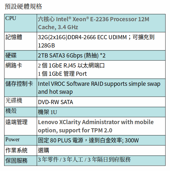 Lenovo SR250 伺服器/E-2236/32GB/LFF 2Tx2/XCC Ent/300W/3Y Lenovo SR250 伺服器/E-2236/32GB/LFF 2Tx2/XCC Ent/300W/3Y