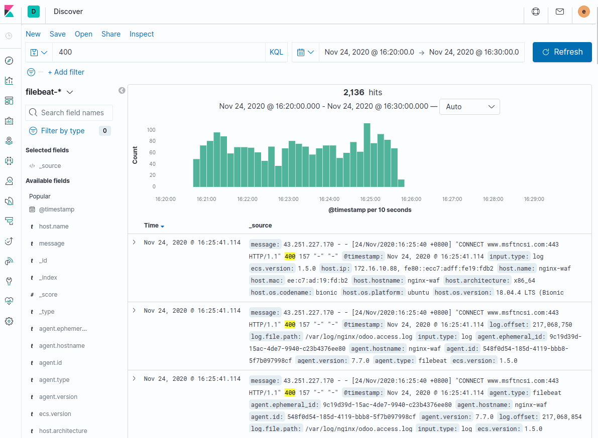 使用 Elastic Stack 搜尋 400 bad request 產生的事件，分析來源 IP