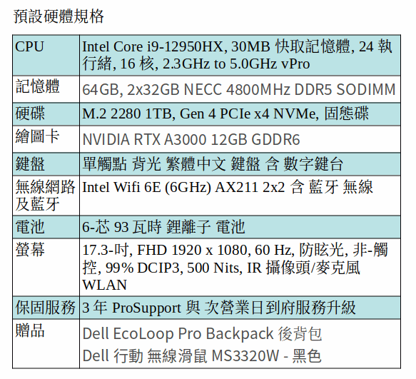 DELL Precision 7770 行動工作站 (i9-12950HX/64GB/1TB SSD/A3000/17.3吋 FHD) DELL Precision 7770 行動工作站 (i9-12950HX/64GB/1TB SSD/A3000/17.3吋 FHD)